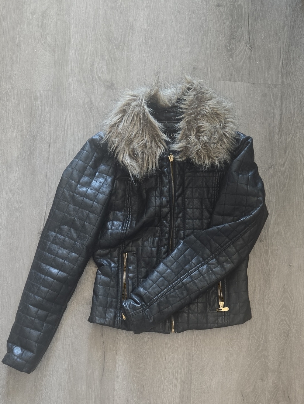 therapy Black Quilted Faux Leather Jacket with Faux-Fur Collar